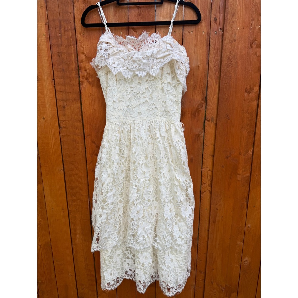 Vintage Contempo Casuals Ivory Lace Pearl Strap Midi Dress 80s 90s Cottagecore